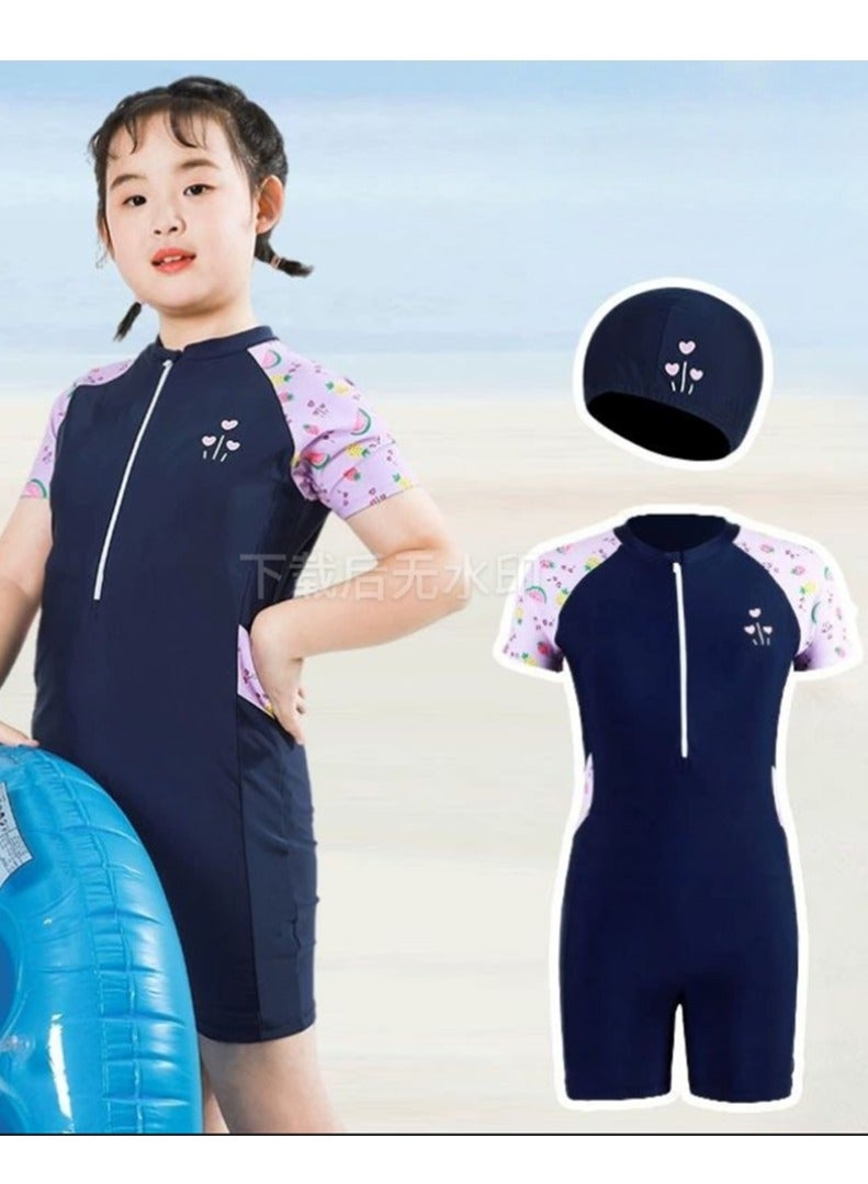 Loquat Girls One Piece Swimsuit Kid Swimsuit Water Sport Short Bathing Suits With Cap - Image 1