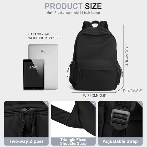 WEPOET Classic Basic Black Backpack For Women,Waterproof High School Bookbag,Lightweight Casual Travel Daypack,College Backpack Men,Middle School Bag For Girls Boys - Image 2