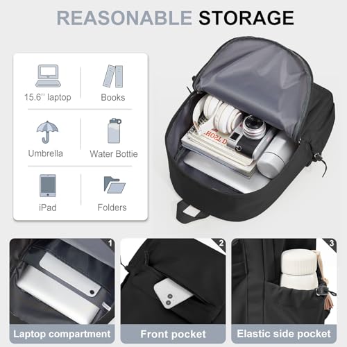 WEPOET Classic Basic Black Backpack For Women,Waterproof High School Bookbag,Lightweight Casual Travel Daypack,College Backpack Men,Middle School Bag For Girls Boys - Image 3