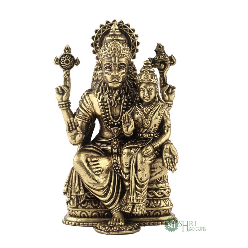 INDICAST Brass Lord Narasimha with Goddess Lakshmi Statue 4 Dev Narsingh Bhagwan Murti Idol Figurine for Puja Home Decor Gift Weight 220gm - Image 3