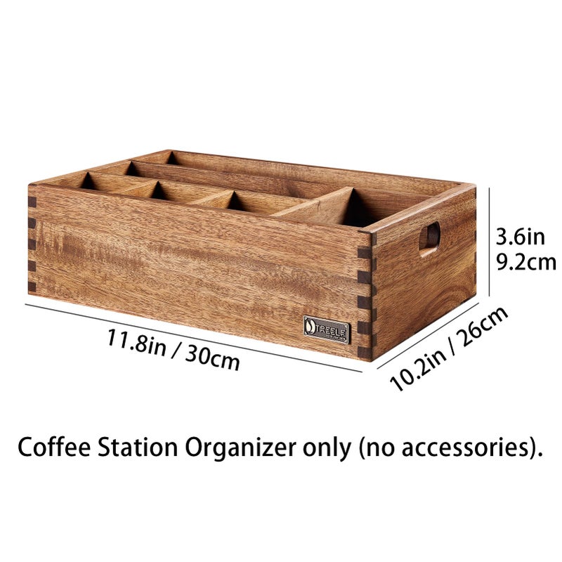 TREELF Acacia Wood Coffee Station Organizer for Countertop, Coffee Pods Holder & Condiment Storage Basket, 12-Inch Rustic Farmhouse Bar Decor for Tea Cups, Syrup, Stirrers, Accessories - Image 2