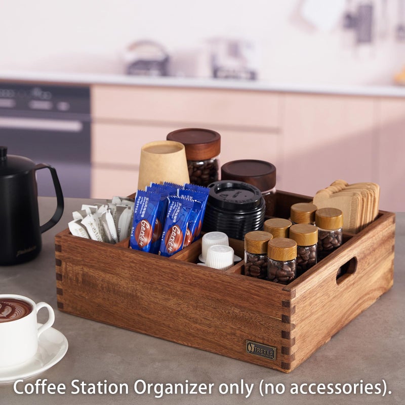 TREELF Acacia Wood Coffee Station Organizer for Countertop, Coffee Pods Holder & Condiment Storage Basket, 12-Inch Rustic Farmhouse Bar Decor for Tea Cups, Syrup, Stirrers, Accessories - Image 4