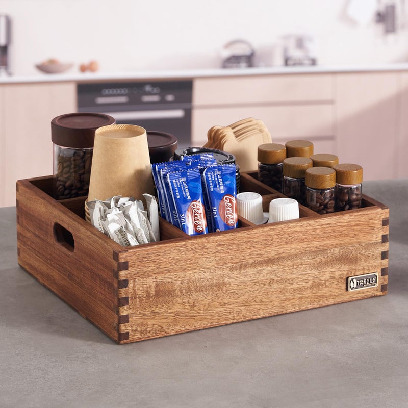 TREELF Acacia Wood Coffee Station Organizer for Countertop, Coffee Pods Holder & Condiment Storage Basket, 12-Inch Rustic Farmhouse Bar Decor for Tea Cups, Syrup, Stirrers, Accessories - Image 1