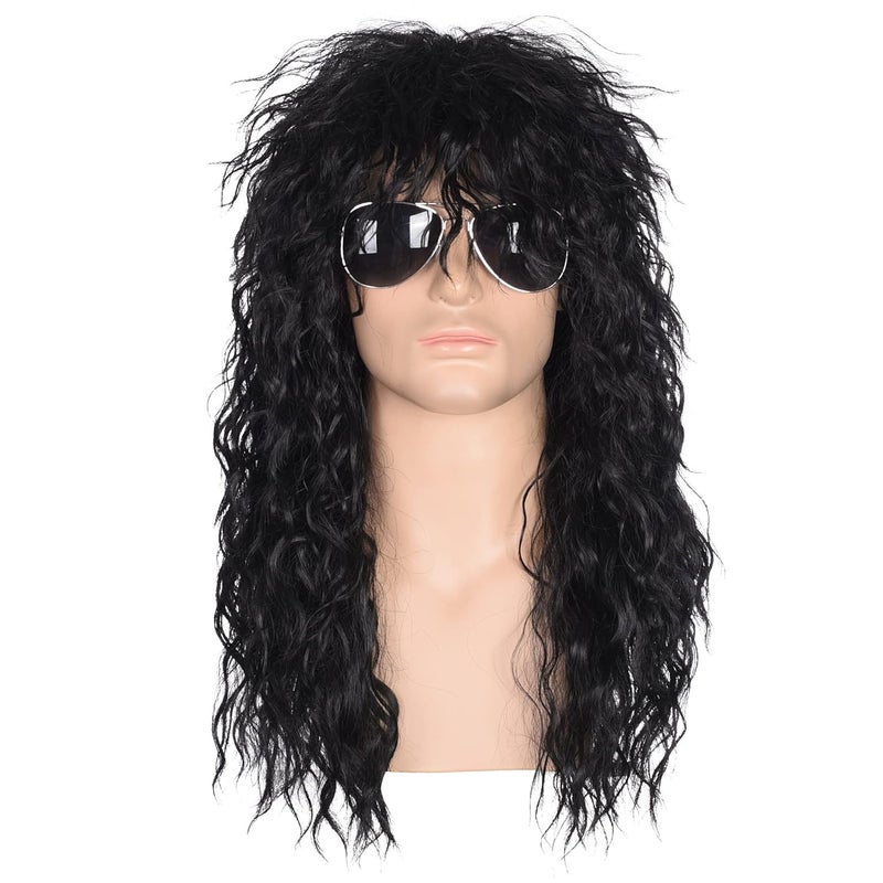 morvally Men’s 80s Style Long Black Curly Hair Wig Glam Rock-Rocker Wig Perfect for Halloween, Cosplay, DIY Themed Costume Party - Image 1
