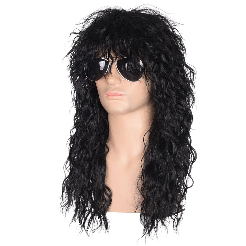 morvally Men’s 80s Style Long Black Curly Hair Wig Glam Rock-Rocker Wig Perfect for Halloween, Cosplay, DIY Themed Costume Party - Image 3