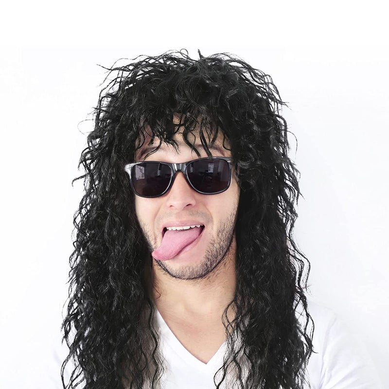morvally Men’s 80s Style Long Black Curly Hair Wig Glam Rock-Rocker Wig Perfect for Halloween, Cosplay, DIY Themed Costume Party - Image 2