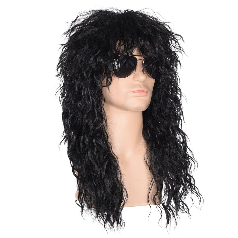 morvally Men’s 80s Style Long Black Curly Hair Wig Glam Rock-Rocker Wig Perfect for Halloween, Cosplay, DIY Themed Costume Party - Image 4