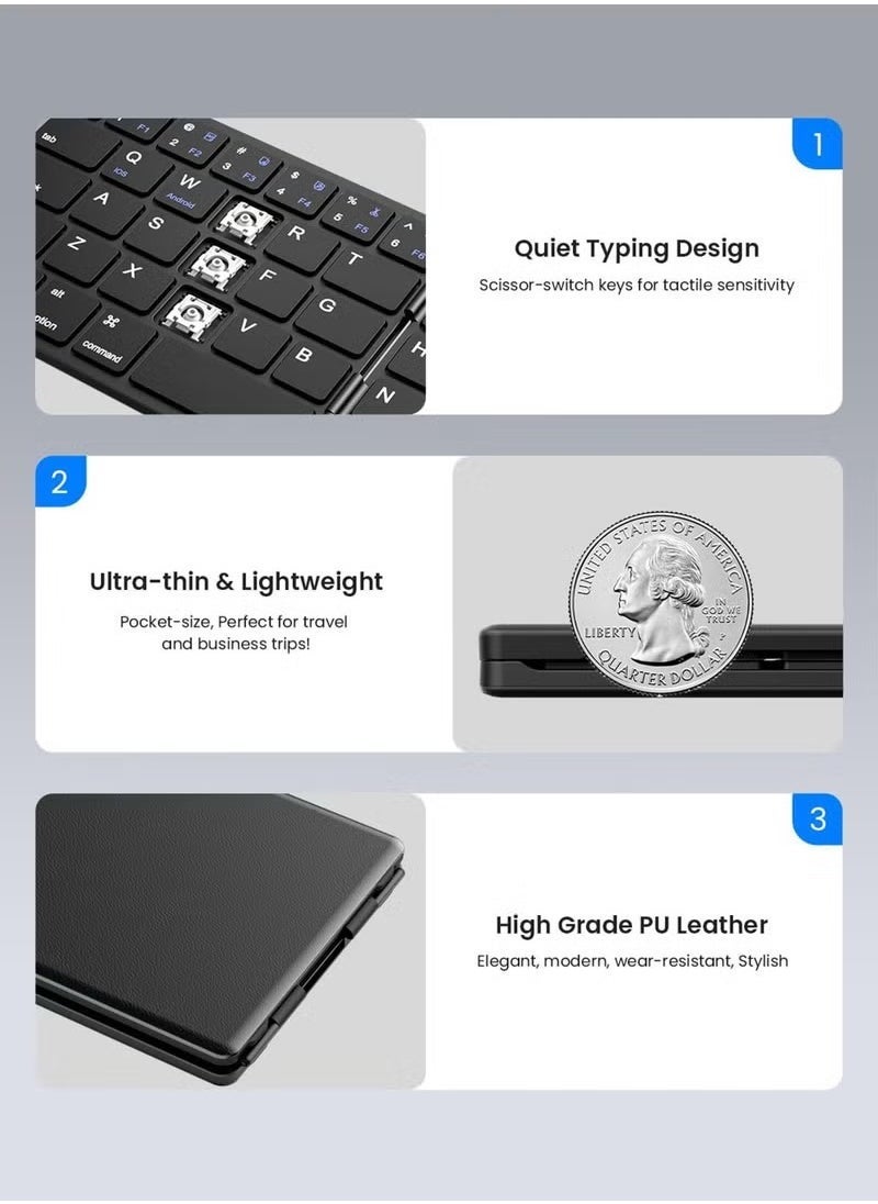 Foldable Bluetooth Keyboard - Ultra Slim Wireless Portable Keyboard with Rechargeable Battery, Full-Size Layout, Compatible with iOS, Android, Windows, Tablets, Smartphones, and Laptops | Slim, Lightweight & Multi-Device