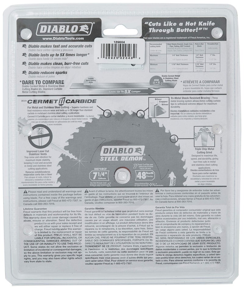 Diablo فرويد ديابلو DO748F شفرات منشار دائري من الصلب ديمون 7 1/4 بوصة 48 سنًا من كربيد التيتانيوم TCG لقطع المعادن الحديدية مع طلاء غير لاصق من بيرما شيلد وفتحات تثبيت مقطوعة بالليزر - Image 5