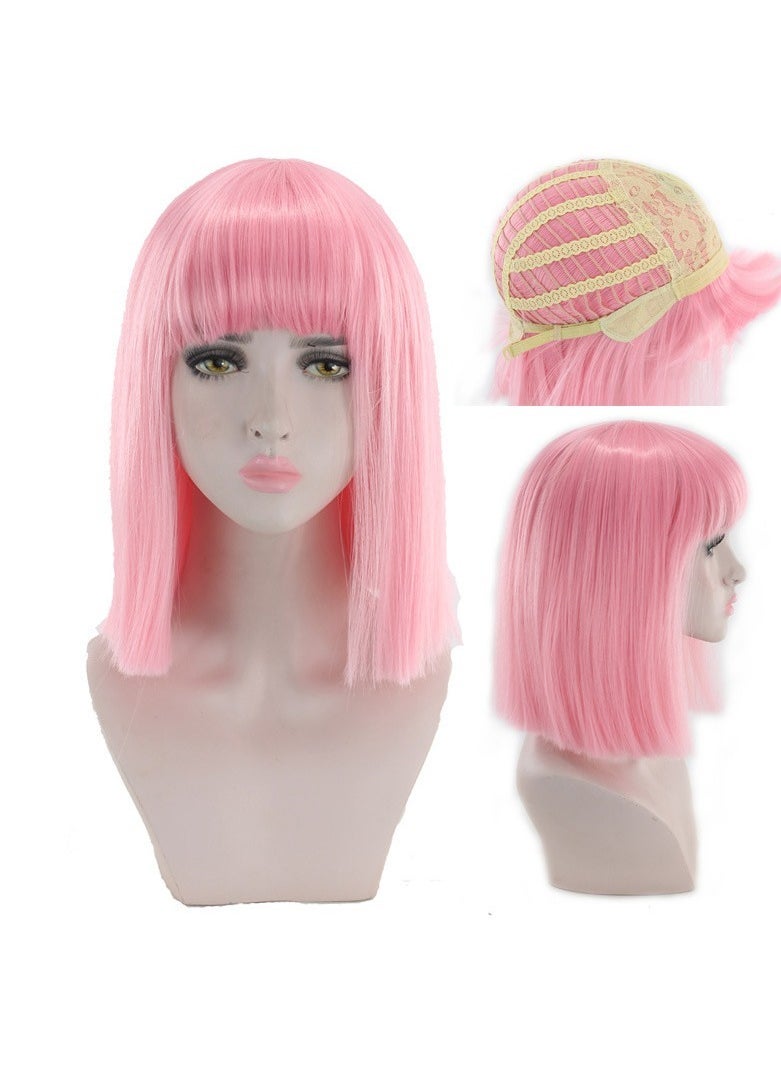 Estelle 14 Inch Women Straight Bob Wig Women Wigs with Bangs Synthetic Party Wigs multicolor Pink  - Image 1