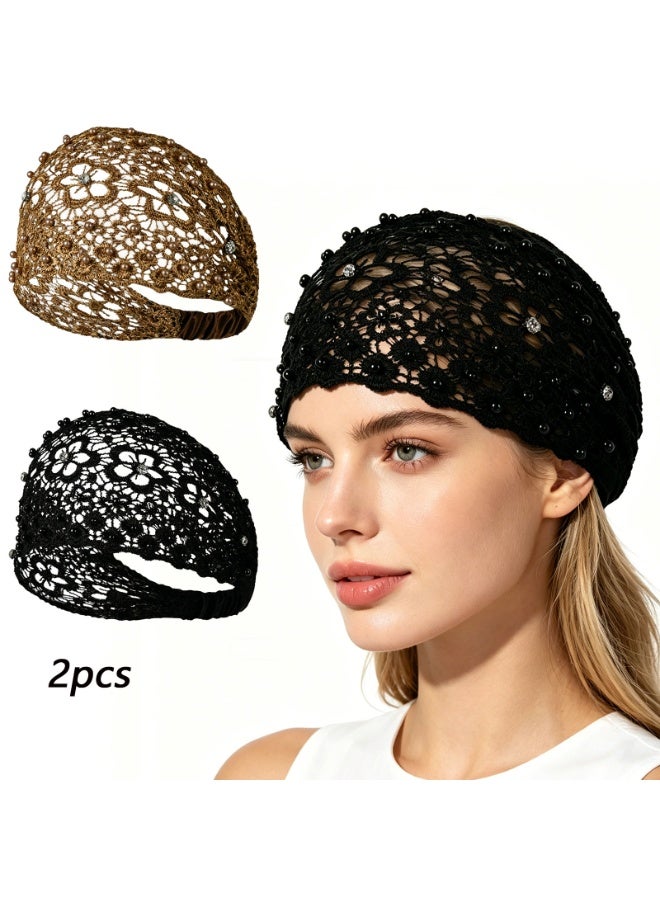 2PCS جوف الدانتيل اللؤلؤ حزمة الرأس واسعة حبات الشعر الفرقة للمرأة, زهرة حبات الدانتيل المرنة حزمة الرأس ملحقات الشعر الأنيقة,بوهو واسعة حافة الراينستين ملحقات الشعر اليومية والحفلة والمهرجان الديكور - Image 1