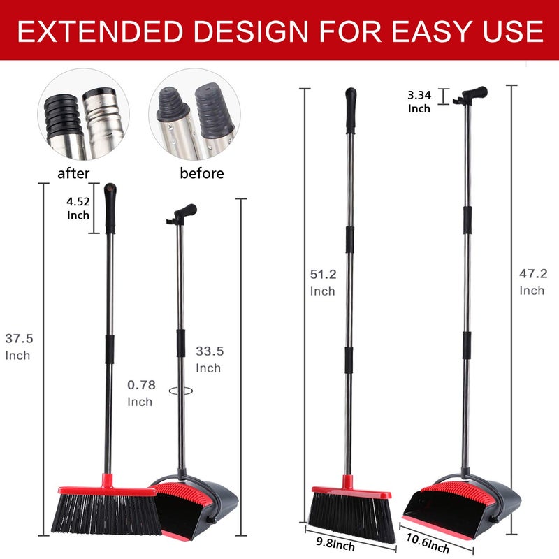 Tiumso Stainless Steel Hard Floor Broom And Dustpan 2019 Version Set With Upgrade Combo And Sturdiest Extendable Long Handle4Layers BristlesUpright Standing For HomeOfficeKitchenLobbyBlackRed - Image 2