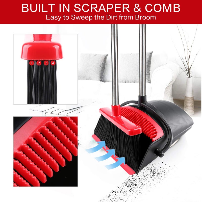 Tiumso Stainless Steel Hard Floor Broom And Dustpan 2019 Version Set With Upgrade Combo And Sturdiest Extendable Long Handle4Layers BristlesUpright Standing For HomeOfficeKitchenLobbyBlackRed - Image 3