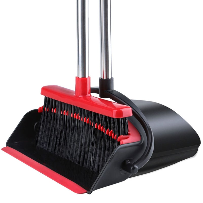 Tiumso Stainless Steel Hard Floor Broom And Dustpan 2019 Version Set With Upgrade Combo And Sturdiest Extendable Long Handle4Layers BristlesUpright Standing For HomeOfficeKitchenLobbyBlackRed - Image 1