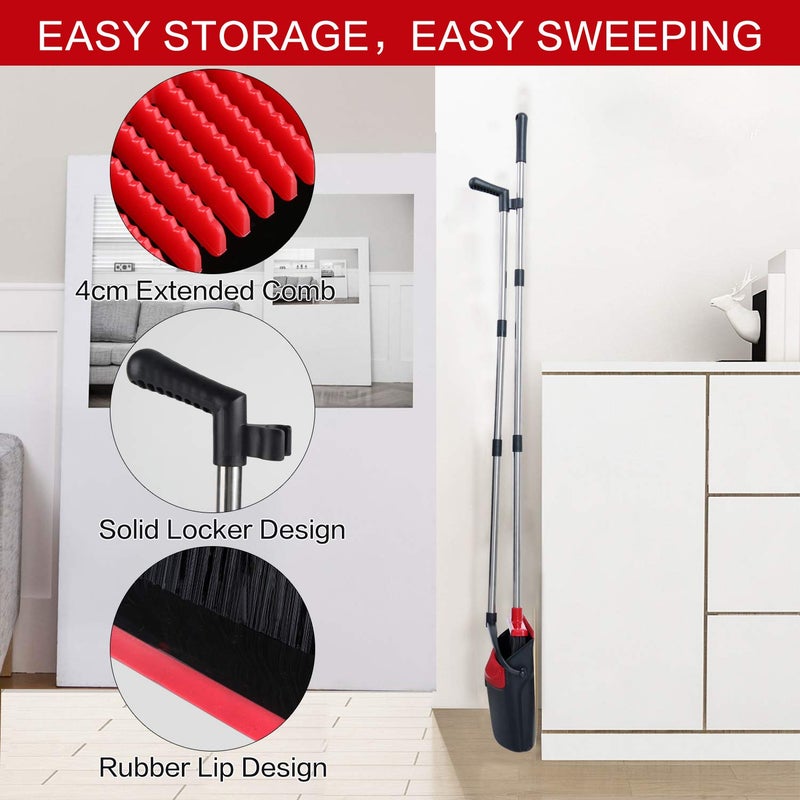 Tiumso Stainless Steel Hard Floor Broom And Dustpan 2019 Version Set With Upgrade Combo And Sturdiest Extendable Long Handle4Layers BristlesUpright Standing For HomeOfficeKitchenLobbyBlackRed - Image 4