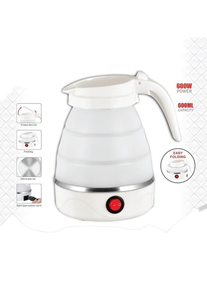 ELTRAZONE 600ml Foldable Electric Kettle, Portable Telescopic Silicone Travel Kettle, Fast Boil, Dual Voltage, Compact & Lightweight for Outdoor, Hotel, Office & Camping Use – White - Image 1
