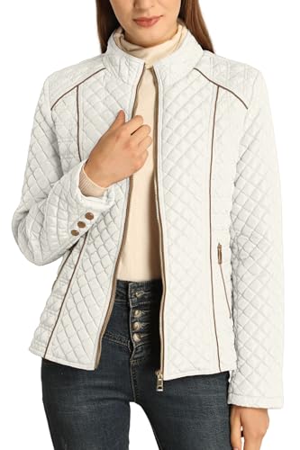 Bellivera Womens Stand Collar Lightweight Quilted Puffer Jacket Padded Zip Coat for Spring and Winter 087 White M