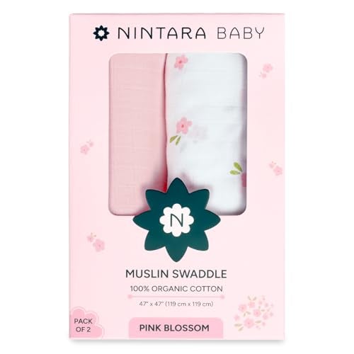 NINTARABABY Extra-Large Swaddles - 100% Organic Premium Muslin Cotton, 47"x 47"(119 cm x 119 cm), Ultra-Soft, Breathable, Lightweight, Multipurpose, Hypoallergenic, Gifts for Newborn Girls, Pack of 2 - Image 1