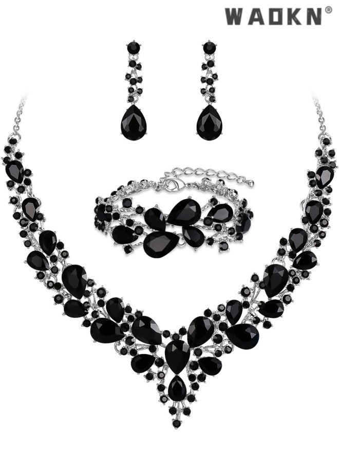 WAOKN 3 pcs Crystal Bridal Jewelry Set, Floral Statement Necklace, Earrings, Bracelet, Wedding Accessories,Alloy material, not easy to fade,Collarbone short necklace set,suitable for women and ladies ,black. - Image 1