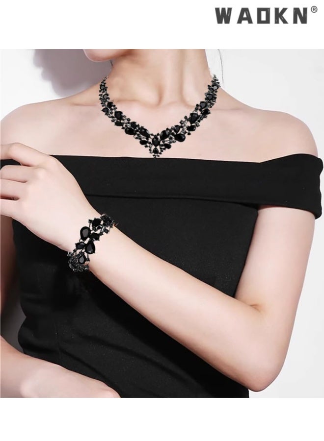 WAOKN 3 pcs Crystal Bridal Jewelry Set, Floral Statement Necklace, Earrings, Bracelet, Wedding Accessories,Alloy material, not easy to fade,Collarbone short necklace set,suitable for women and ladies ,black. - Image 4