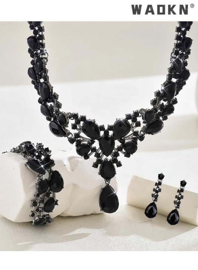 WAOKN 3 pcs Crystal Bridal Jewelry Set, Floral Statement Necklace, Earrings, Bracelet, Wedding Accessories,Alloy material, not easy to fade,Collarbone short necklace set,suitable for women and ladies ,black. - Image 2
