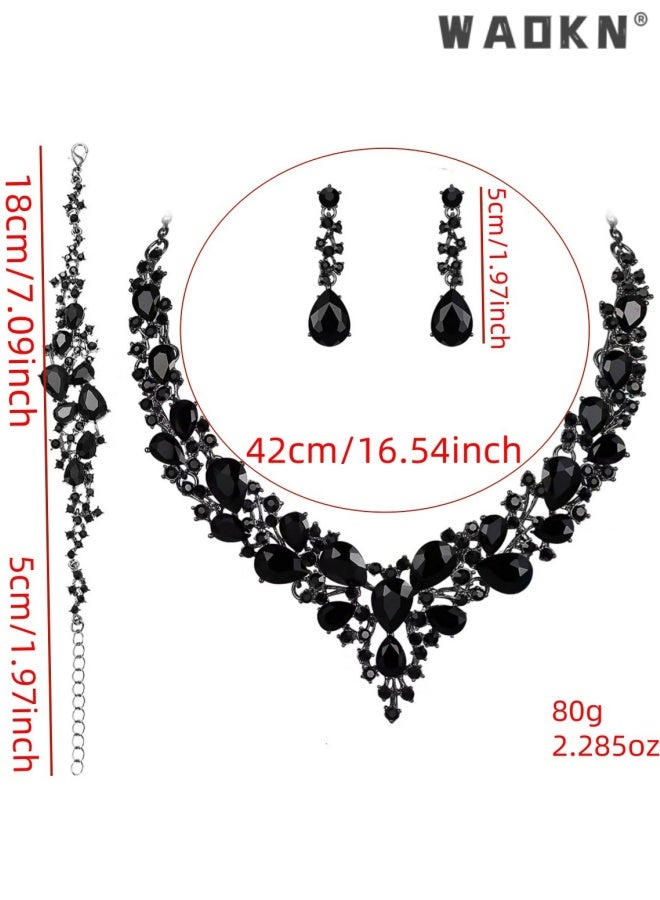 WAOKN 3 pcs Crystal Bridal Jewelry Set, Floral Statement Necklace, Earrings, Bracelet, Wedding Accessories,Alloy material, not easy to fade,Collarbone short necklace set,suitable for women and ladies ,black. - Image 5