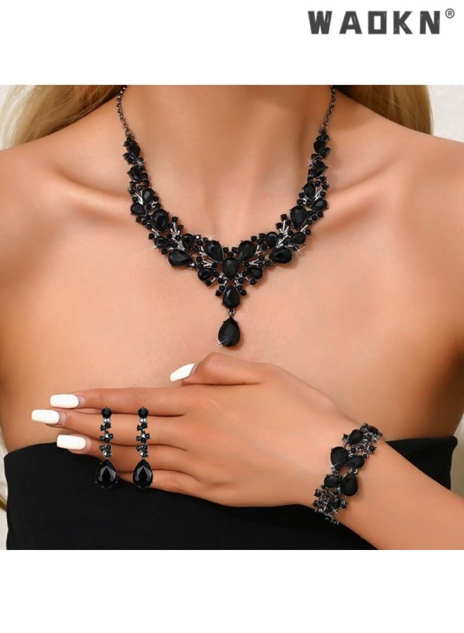 WAOKN 3 pcs Crystal Bridal Jewelry Set, Floral Statement Necklace, Earrings, Bracelet, Wedding Accessories,Alloy material, not easy to fade,Collarbone short necklace set,suitable for women and ladies ,black. - Image 3