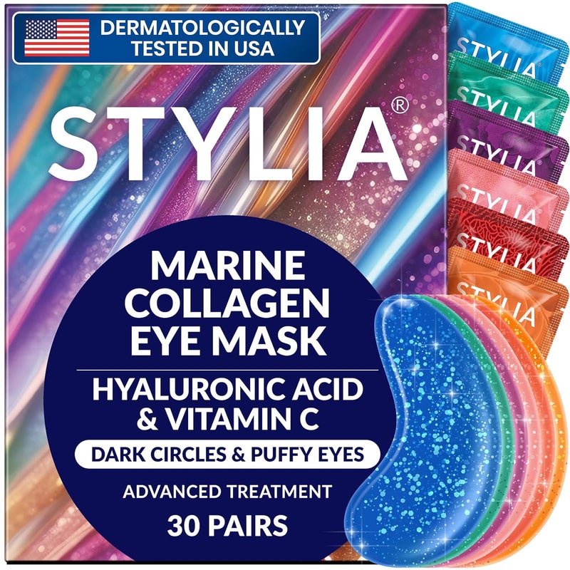 Stylia Under Eye Patches for Dark Circles and Puffy Eyes 30 Pairs Marine Collagen Eye Mask for Puffiness with Vitamin C Hyaluronic Acid Pearl Extract Eye Gel Pads for Dark Circles and Puffiness