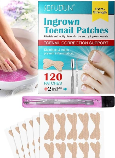 120 pcs Ingrown Toenail Corrector Patches with 2 Manicure Tools Ingrown Toenail Correction Stickers for Toenail Repair Glue Free Ingrown Toenail Corrector Strips Toenail File Patches