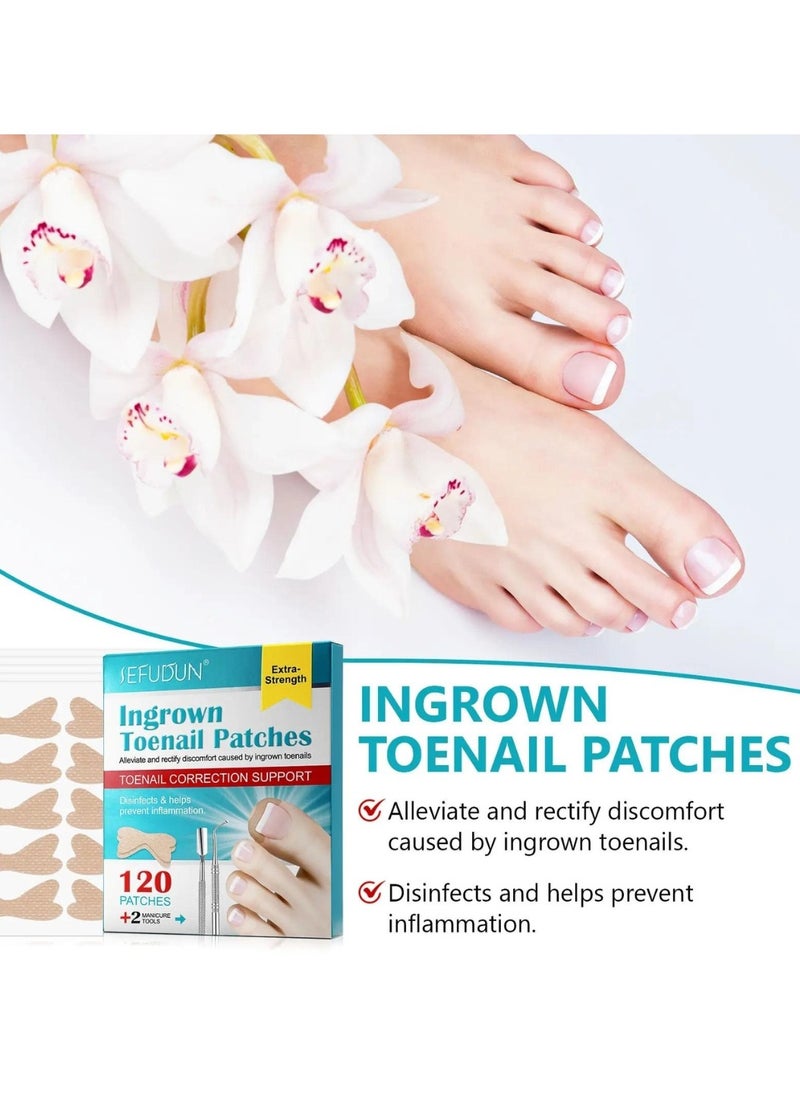 120 pcs Ingrown Toenail Corrector Patches with 2 Manicure Tools Ingrown Toenail Correction Stickers for Toenail Repair Glue Free Ingrown Toenail Corrector Strips Toenail File Patches