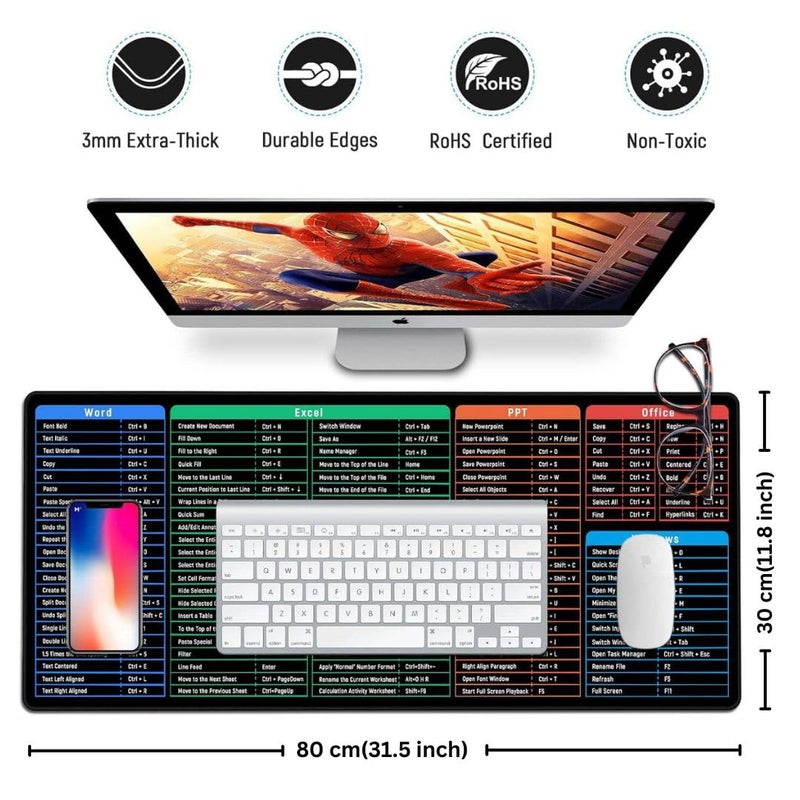 tuKZer Extended Gaming Mouse Pad with Windows & Office Excel Shortcuts Key, High Speed Mouse Tracking & Control, Stitched Embroidery Edges, Non-Slip Rubber Base for Computer Laptop Keyboard - Image 3