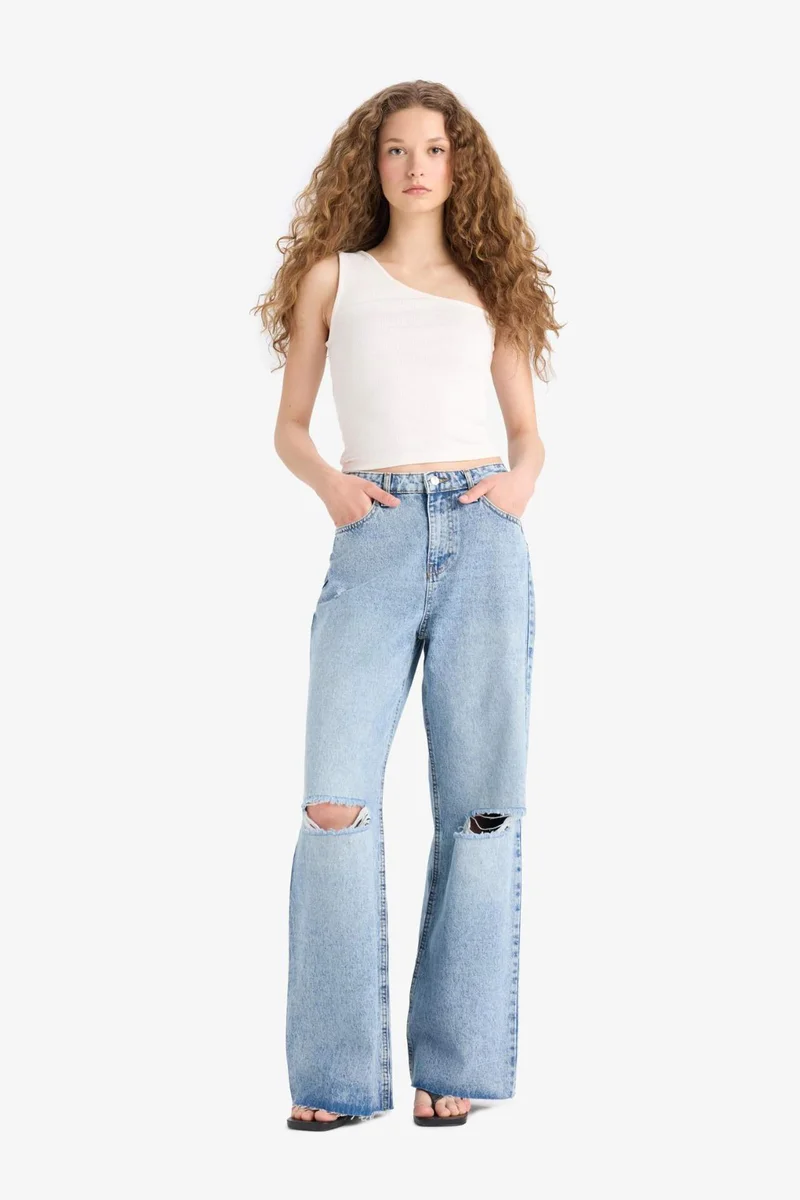 ديفاكتو Ripped Detailed High Waist Wide Leg Jeans