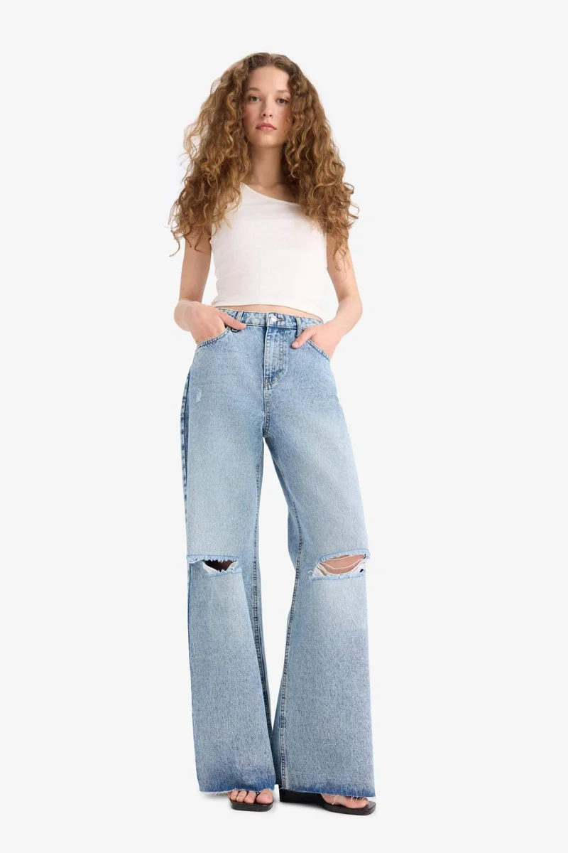 ديفاكتو Ripped Detailed High Waist Wide Leg Jeans