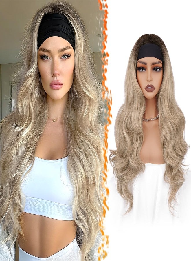 BARSDAR Ombre Blonde Long Wavy Headband Wig - 26 Inch Blonde Body Wave Headband Wig for Women - Synthetic Wear and Go Glueless Dark Roots Ombre Wigs Soft Lightweight Natural Looking Easy Wear - Image 1