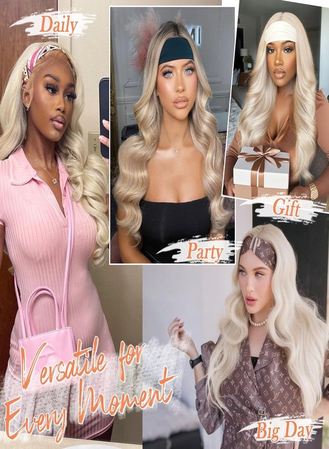 BARSDAR Ombre Blonde Long Wavy Headband Wig - 26 Inch Blonde Body Wave Headband Wig for Women - Synthetic Wear and Go Glueless Dark Roots Ombre Wigs Soft Lightweight Natural Looking Easy Wear - Image 5