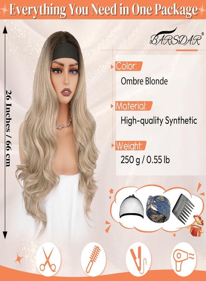 BARSDAR Ombre Blonde Long Wavy Headband Wig - 26 Inch Blonde Body Wave Headband Wig for Women - Synthetic Wear and Go Glueless Dark Roots Ombre Wigs Soft Lightweight Natural Looking Easy Wear - Image 2