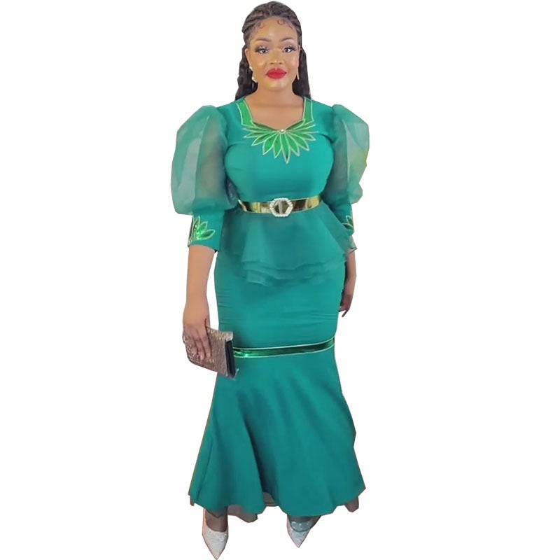 Cross-border supply of African womens lotus leaf organza bubble sleeve top overskirt embroidered sequins suit specials peacock green