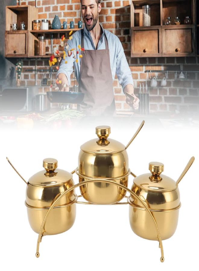 Fdit 3Pcs Seasoning Jar Set with Lid and Spoon, Stainless Steel Seasoning Storage Container Spice Rack Organizer Condiment Holder for Salt Sugar Spice Pepper(Gold) - Image 2