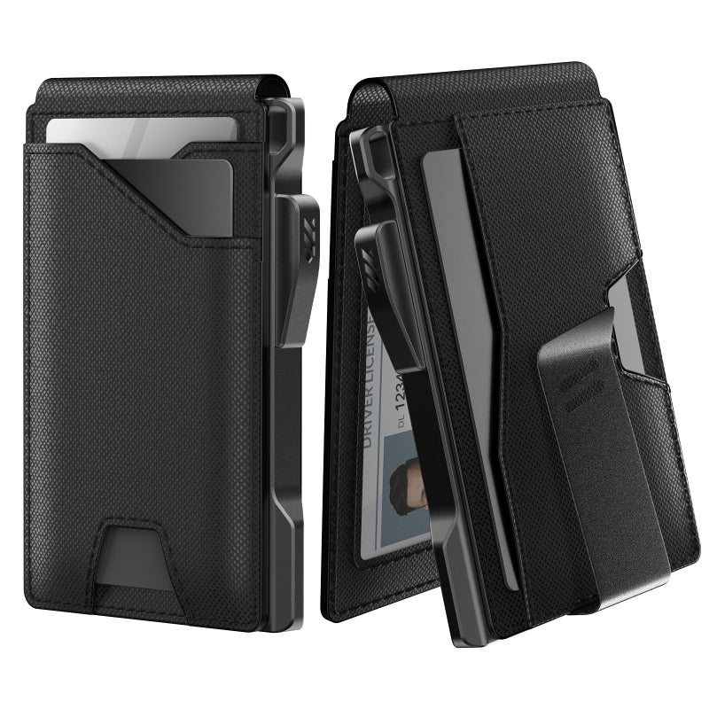 typecase Tactical Wallet for Men Card Holder: Pop Up Card Case, Genuine Leather, Smart, RFID Blocking, Slim, Minimalist, Thin, Front Pocket - 9-13 Card Capacitiy, ID Window, Money Clip (Dark Black) - Image 1