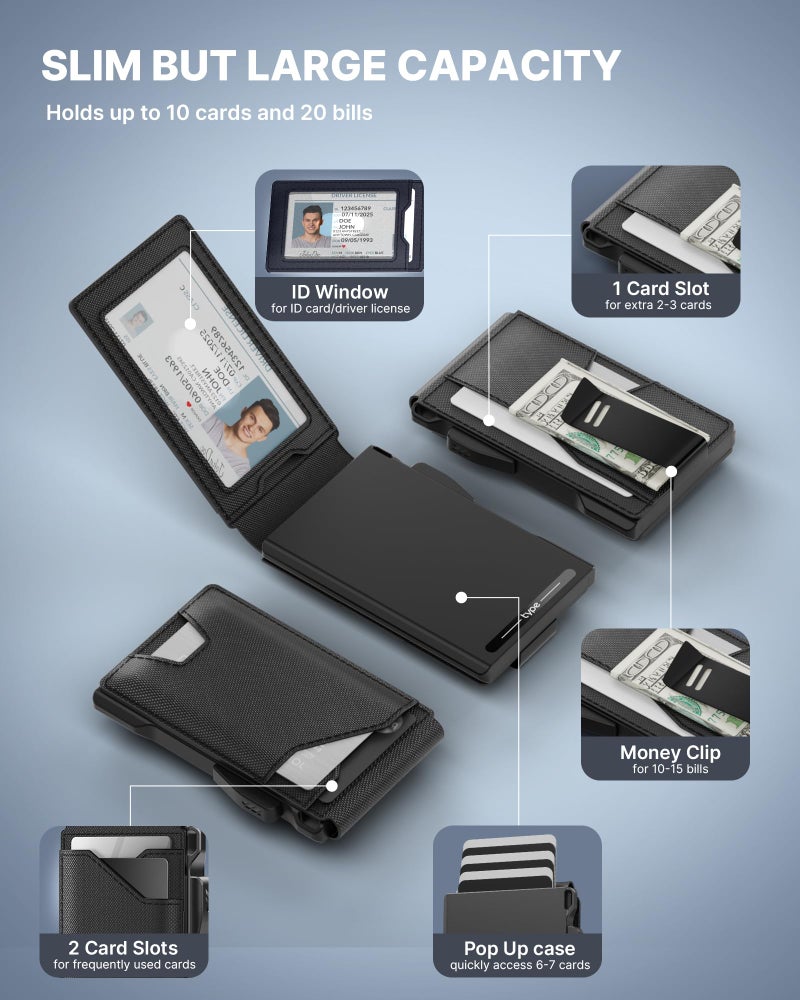typecase Tactical Wallet for Men Card Holder: Pop Up Card Case, Genuine Leather, Smart, RFID Blocking, Slim, Minimalist, Thin, Front Pocket - 9-13 Card Capacitiy, ID Window, Money Clip (Dark Black) - Image 2