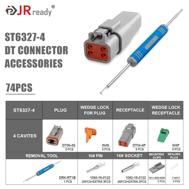 JRready مجموعة موصلات DT 4 دبابيس JRready ST6327-4، موصل DT مقاوم للماء رمادي 4 دبابيس (5 أزواج)، حجم 16 جهات اتصال مطبوعة 14-18 AWG، للشاحنات، الدراجات النارية، المركبات خارج الطريق، البحرية، الرياضات المتطرفة - Image 3