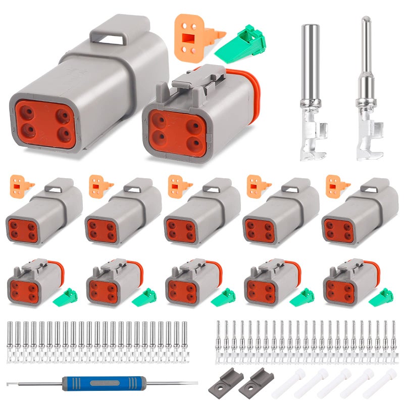 JRready مجموعة موصلات DT 4 دبابيس JRready ST6327-4، موصل DT مقاوم للماء رمادي 4 دبابيس (5 أزواج)، حجم 16 جهات اتصال مطبوعة 14-18 AWG، للشاحنات، الدراجات النارية، المركبات خارج الطريق، البحرية، الرياضات المتطرفة - Image 1