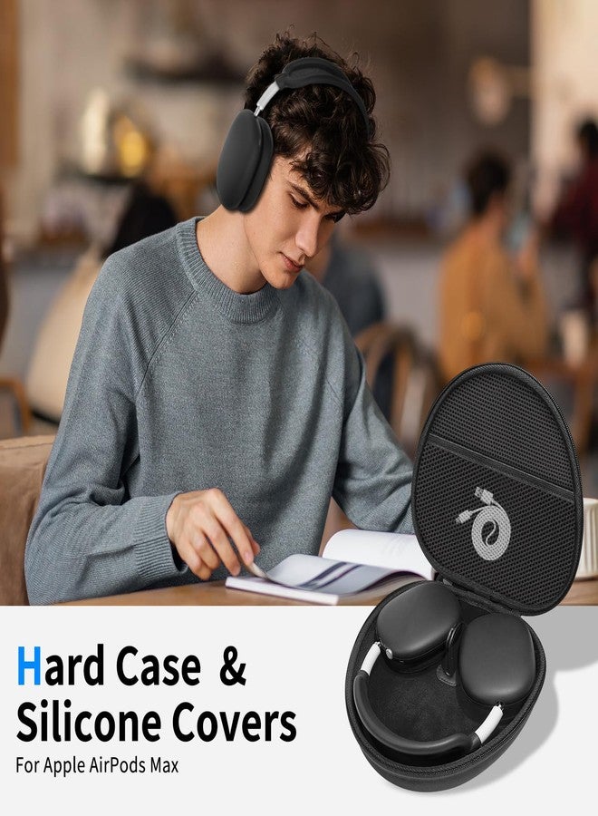 MINDRESY جراب صلب لسماعات AirPods Max يدعم وضع السكون، جراب سماعات سفر مزود بغطاء سيليكون لوسادات الأذن/أغطية أكواب الأذن/أغطية عصابة الرأس، حقيبة تخزين محمولة واقية لسماعات AirPods Max (أسود) - Image 2