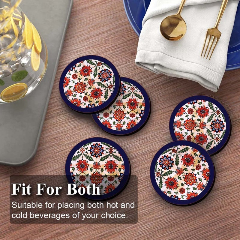 FirseBUY Round Coaster Set of 6 Unique Dark Blue Floral Pattern Printed MDF Wooden Drink Coasters Heat HeatResistant Coaster for Kitchen Office Dining Table Home Dcor 35 Inches TCRP6131 - Image 4