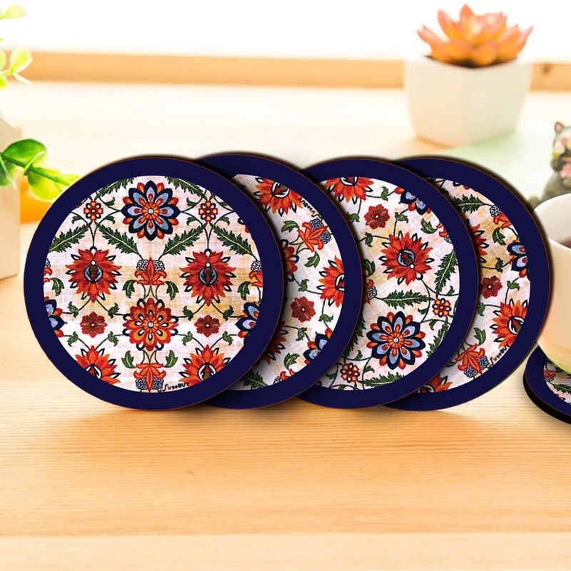 FirseBUY Round Coaster Set of 6 Unique Dark Blue Floral Pattern Printed MDF Wooden Drink Coasters Heat HeatResistant Coaster for Kitchen Office Dining Table Home Dcor 35 Inches TCRP6131 - Image 2