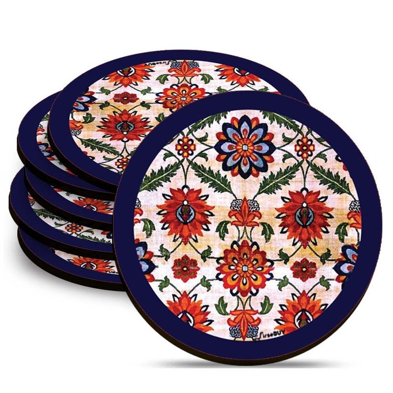 FirseBUY Round Coaster Set of 6 Unique Dark Blue Floral Pattern Printed MDF Wooden Drink Coasters Heat HeatResistant Coaster for Kitchen Office Dining Table Home Dcor 35 Inches TCRP6131 - Image 1