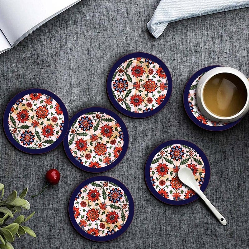 FirseBUY Round Coaster Set of 6 Unique Dark Blue Floral Pattern Printed MDF Wooden Drink Coasters Heat HeatResistant Coaster for Kitchen Office Dining Table Home Dcor 35 Inches TCRP6131 - Image 3