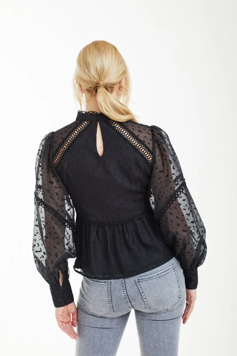 Double Second Black Black Polka Dot Organza Puff Sleeve Top for Women | Best Price UAE