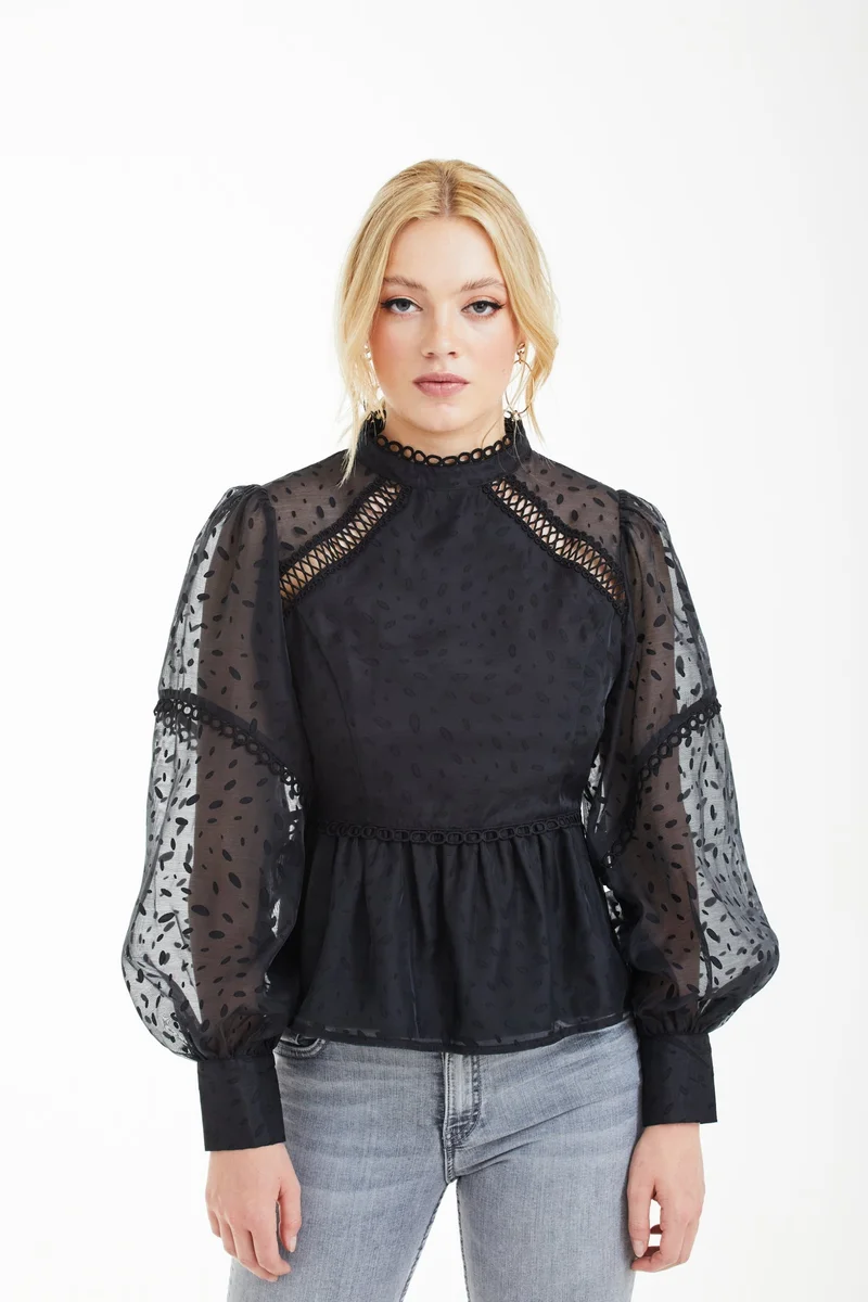 Black Polka Dot Organza Puff Sleeve Top