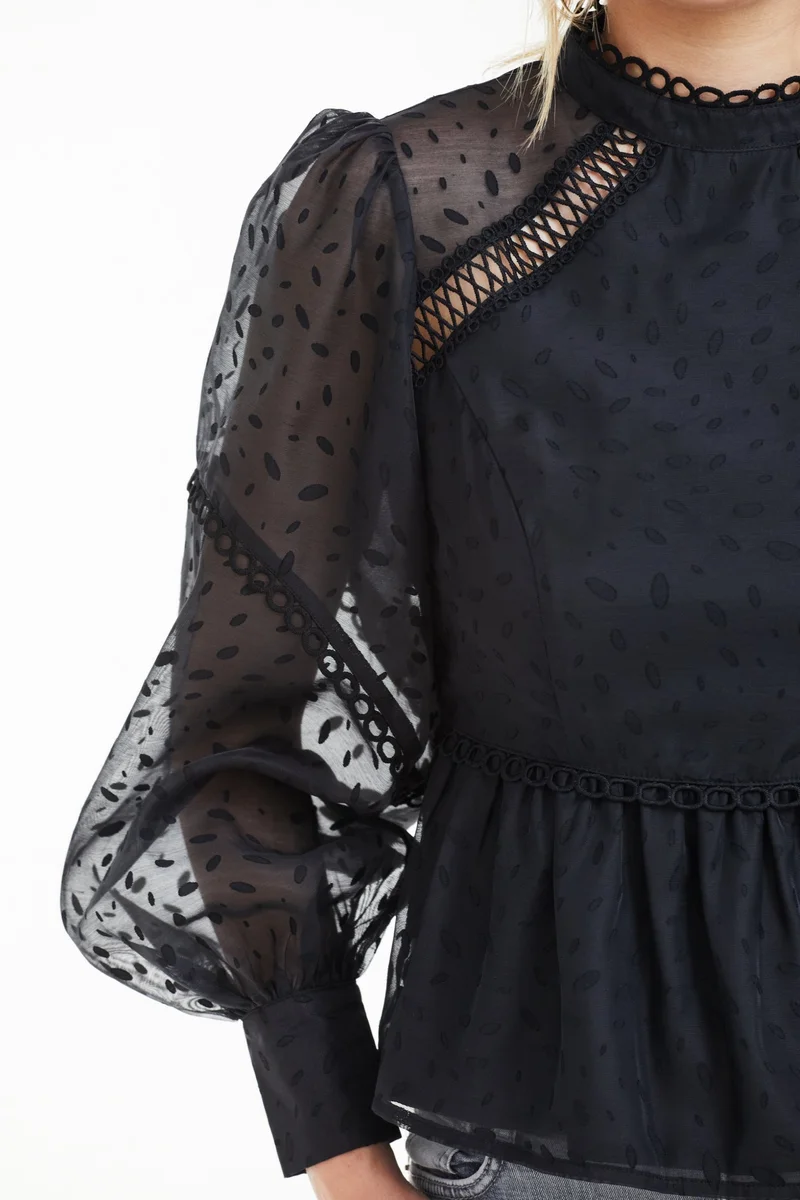 Double Second Black Black Polka Dot Organza Puff Sleeve Top for Women | Best Price UAE